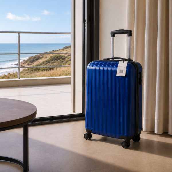 Blauer Hartschalenkoffer mit Teleskopgriff und Anhänger steht vor bodentiefem Fenster mit Blick auf Meer und Küste